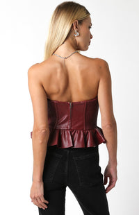 Vegan Leather Peplum Top In Burgundy