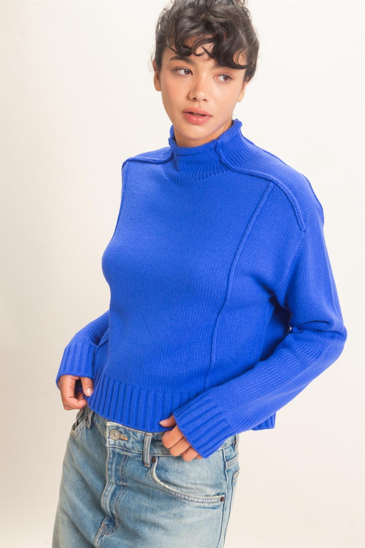 Remy Roll Neck Reversed Seam Sweater in Blue — back view on model showing reversed seam detailing
