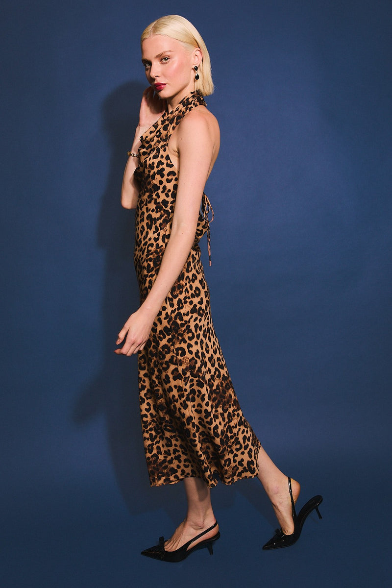 Animal Print Cowl Neck Maxi Dress