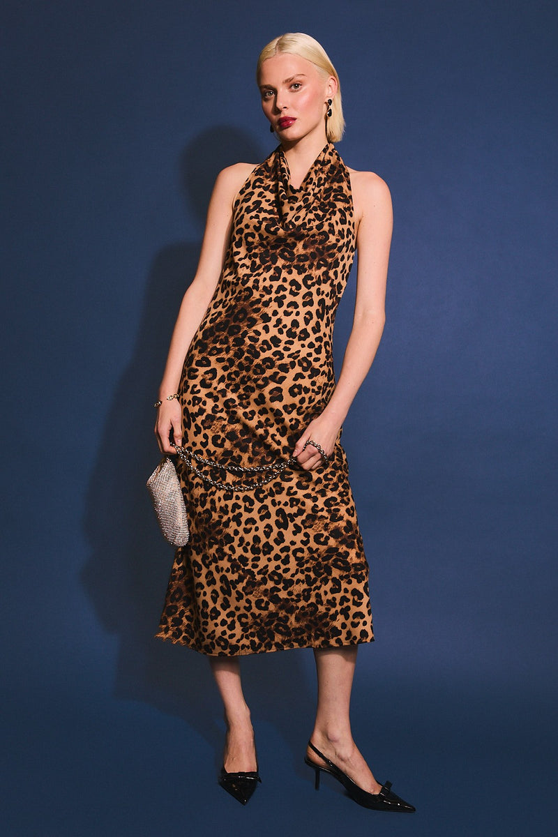 Animal Print Cowl Neck Maxi Dress