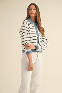 Stripe Knit and Denim Mix Sweater jacket