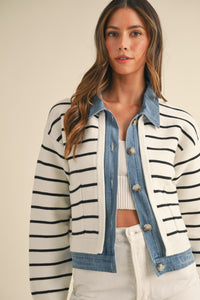 Stripe Knit and Denim Mix Sweater jacket