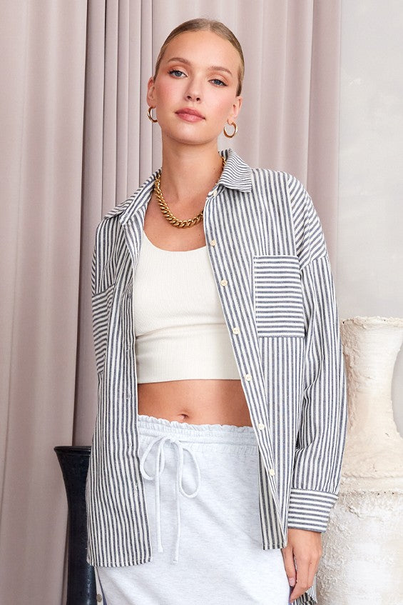 Coastal Stripe Cotton Button Down in Navy — front view on model
