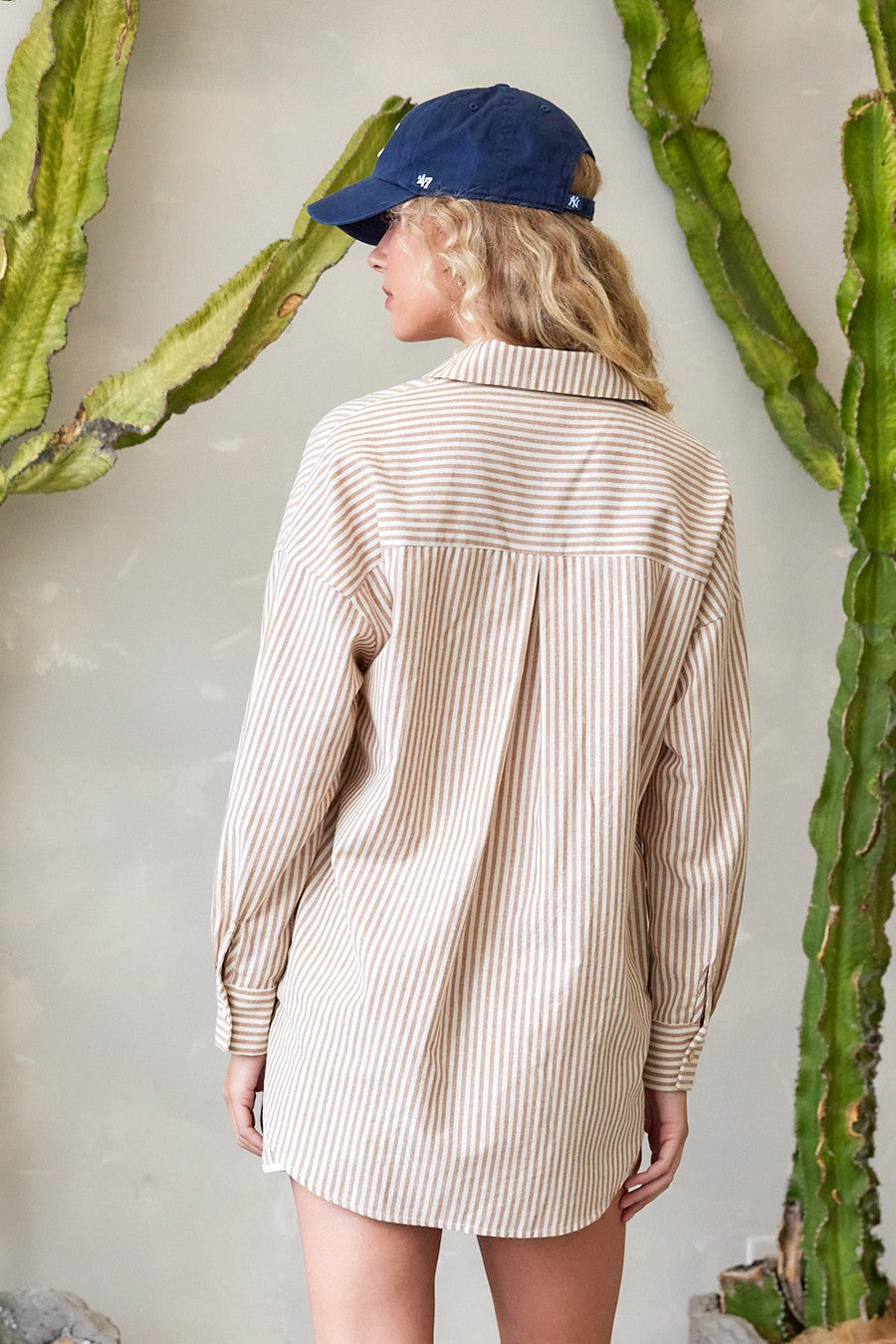 Coastal Stripe Cotton Button Down in Taupe — back view on model