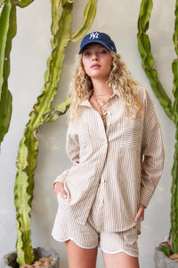 Coastal Stripe Cotton Button Down in Taupe — close-up of stripe print and coconut button detail