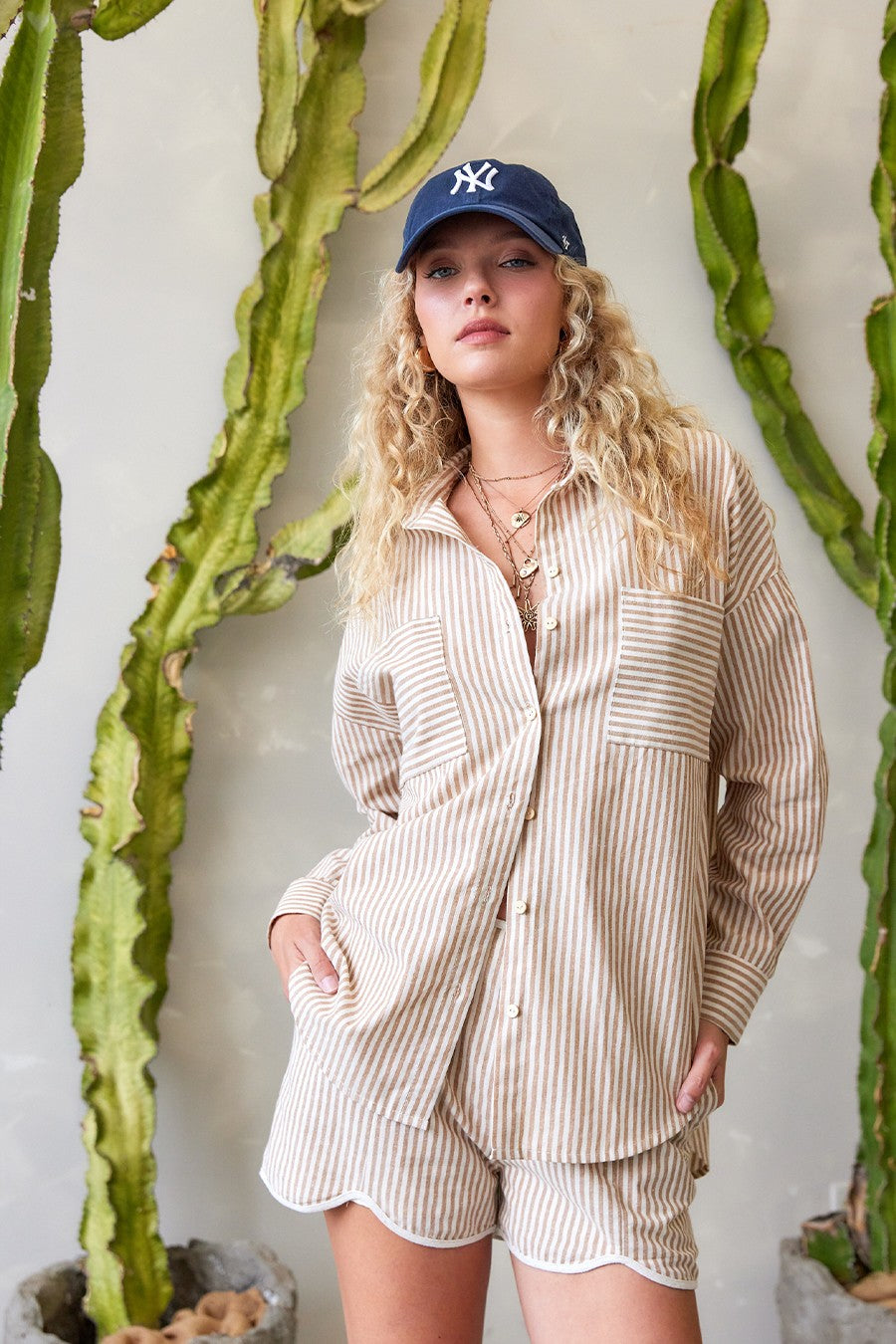 Coastal Stripe Cotton Button Down in Taupe — close-up of stripe print and coconut button detail