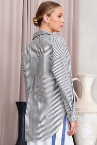 Coastal Stripe Cotton Button Down in Navy — back view on model