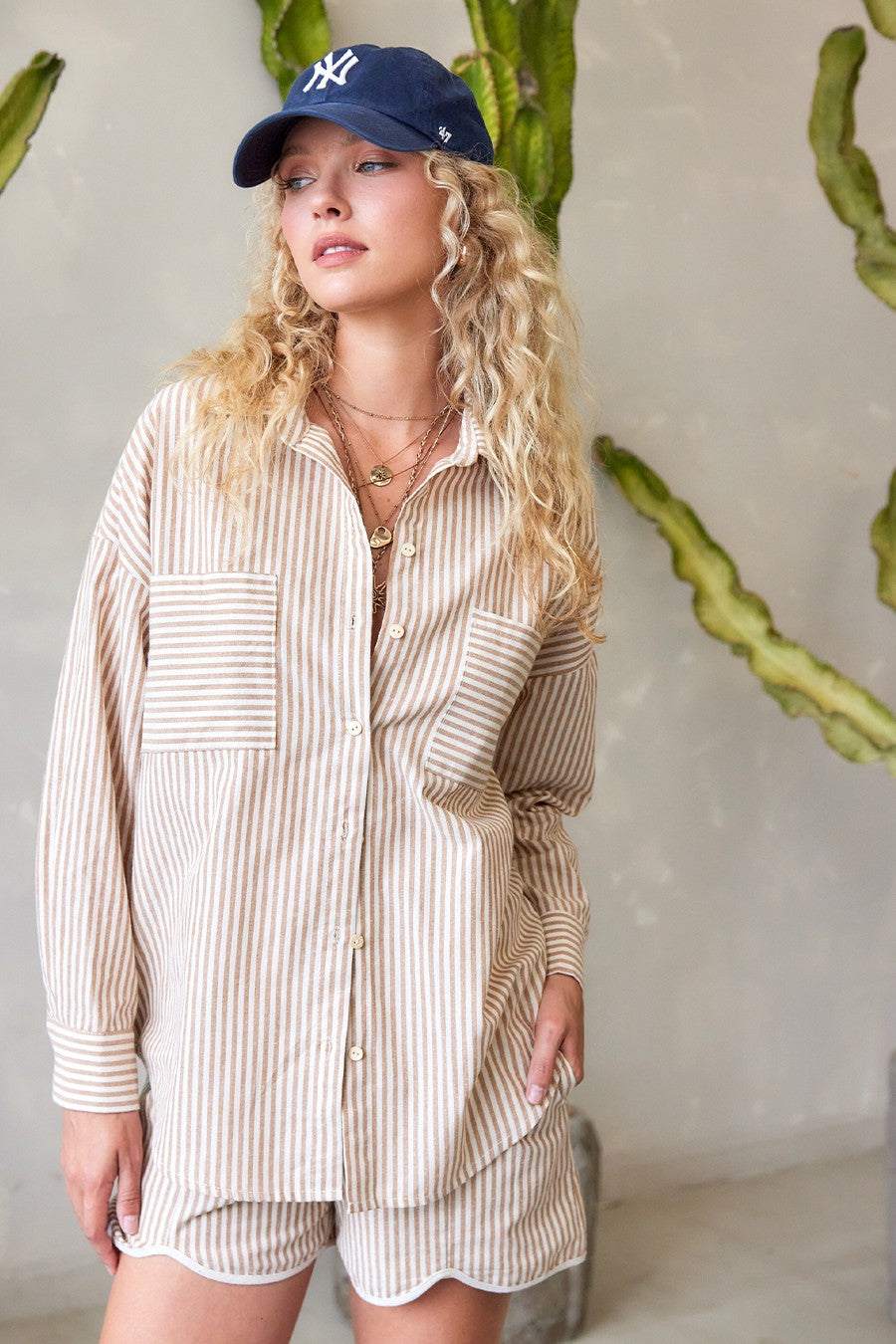Coastal Stripe Cotton Button Down in Taupe — front view on model