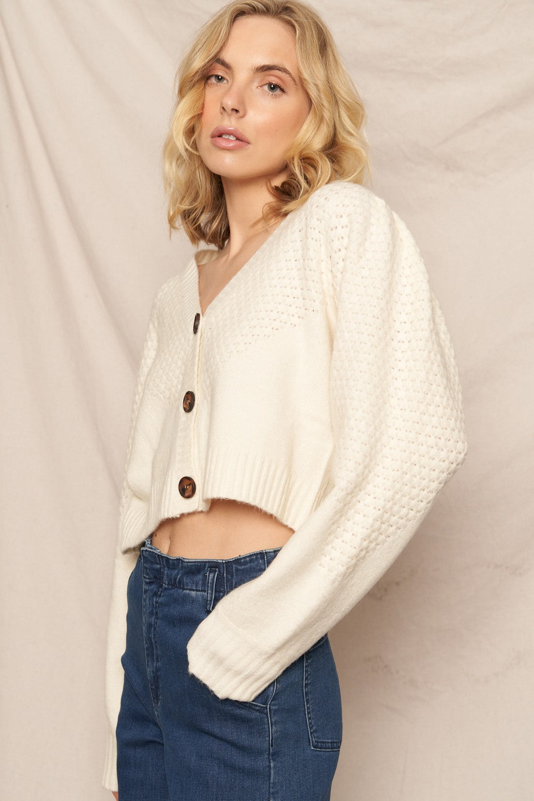 V Neck Cheveron Cardigan with Puff Sleeve