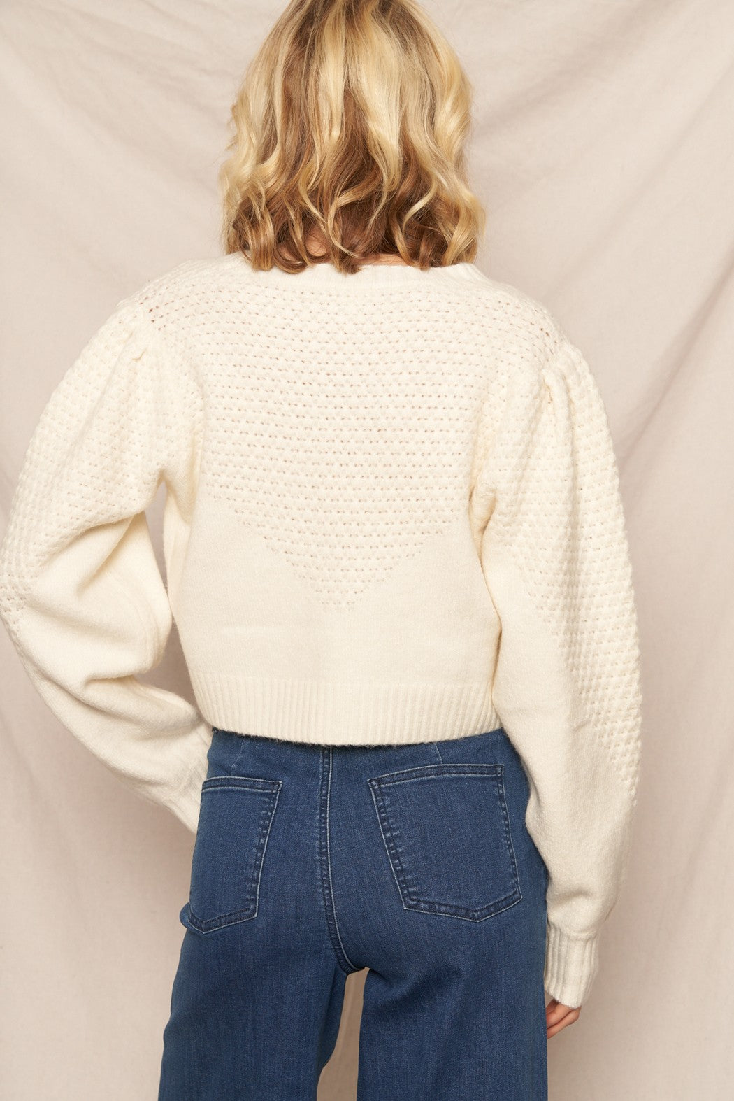 V Neck Cheveron Cardigan with Puff Sleeve