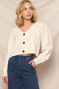V Neck Cheveron Cardigan with Puff Sleeve