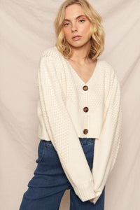 V Neck Cheveron Cardigan with Puff Sleeve