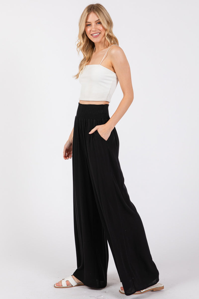 Wide Leg Smocked Waist Pant in Black