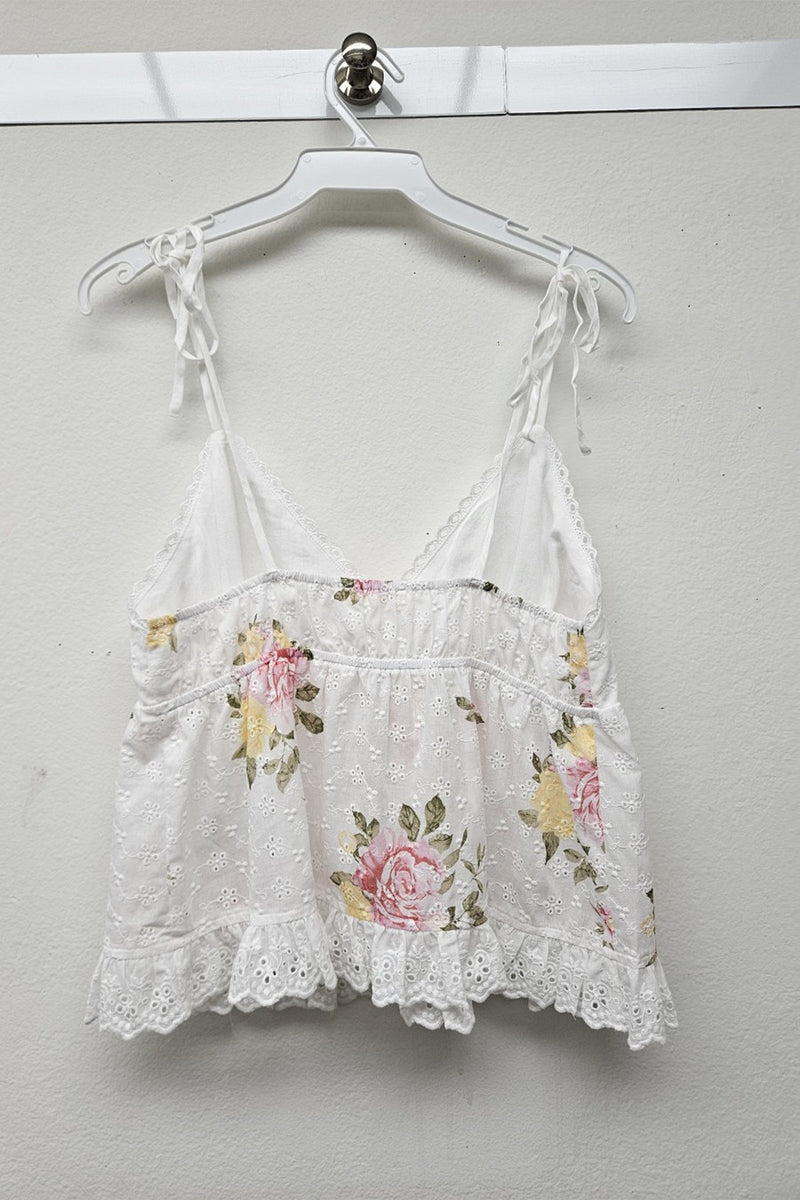 So Romantic Eyelet Printed Ruffle Tank