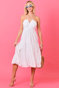 Season Opener Rouched Top Midi Dress in White