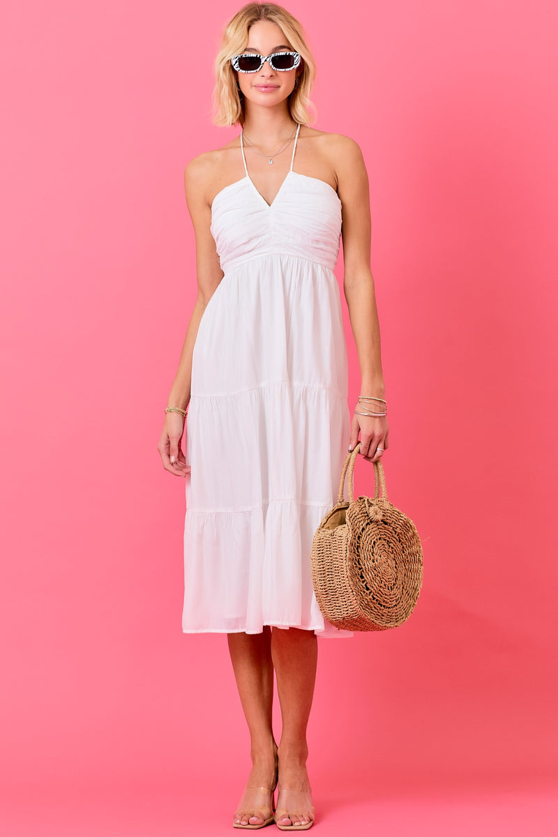 Season Opener Rouched Top Midi Dress in White