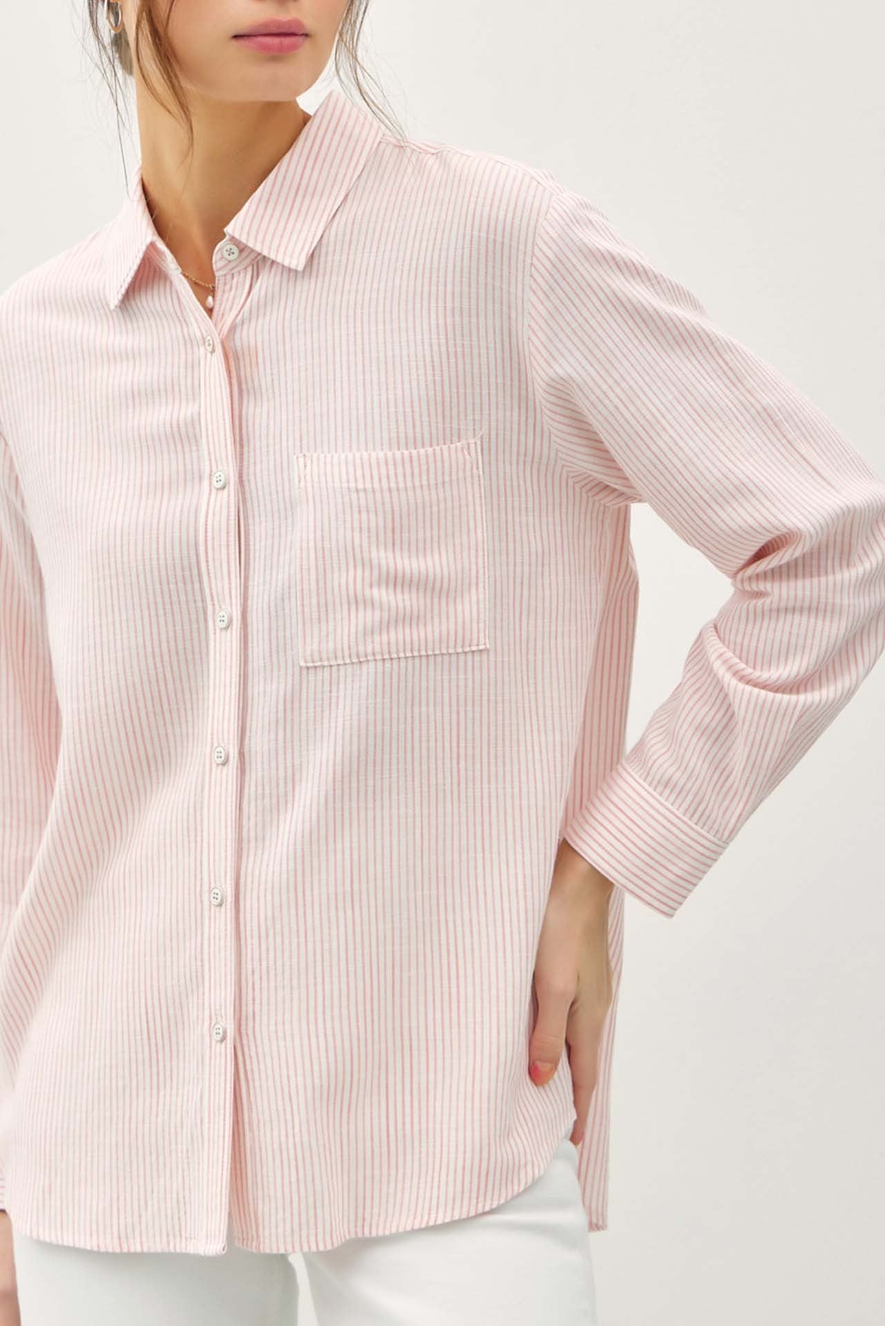 Morning Bloom Pinstripe Button Down Shirt in Coral