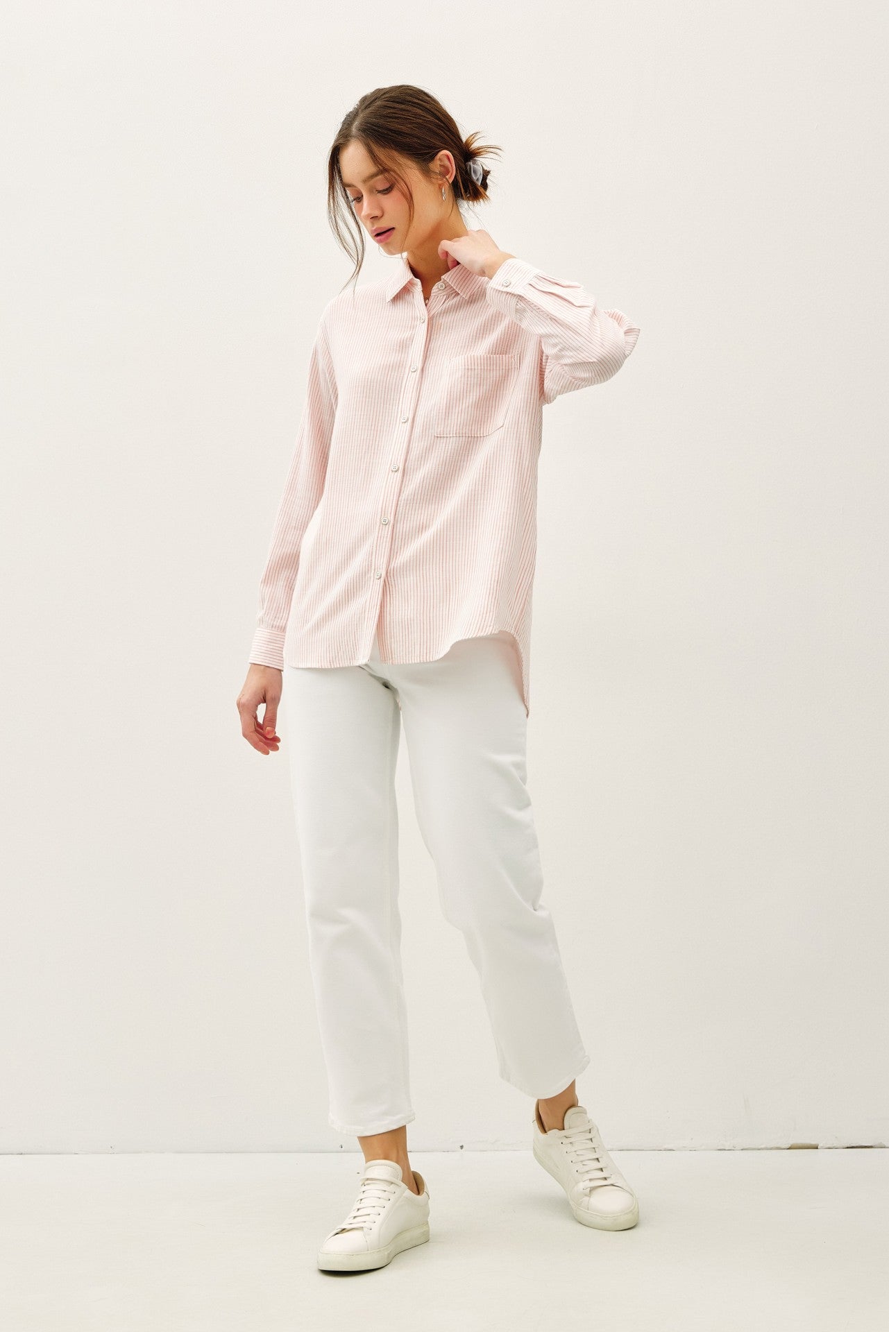 Morning Bloom Pinstripe Button Down Shirt in Coral