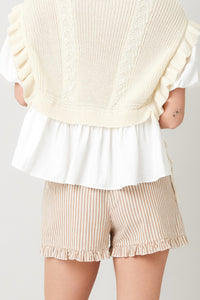 Striped Cotton Ruffle Shorts in Taupe