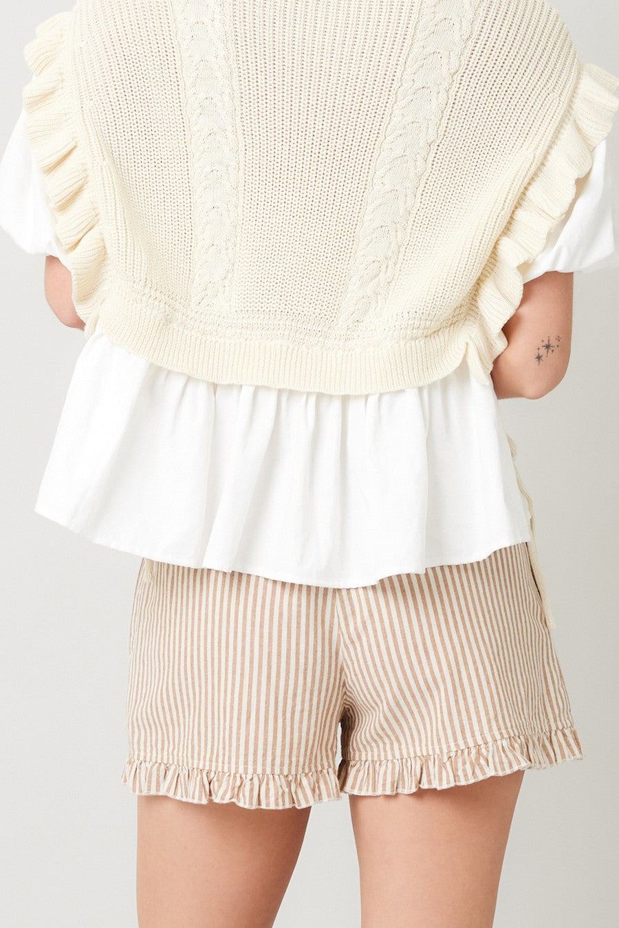 Striped Cotton Ruffle Shorts in Taupe