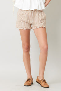 Striped Cotton Ruffle Shorts in Taupe
