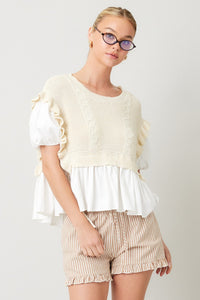 Striped Cotton Ruffle Shorts in Taupe