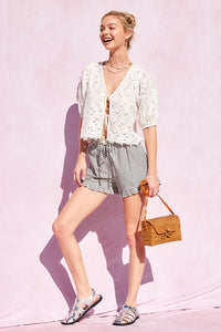 Striped Cotton Ruffle Shorts in Navy