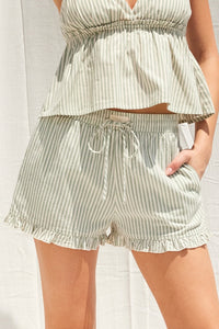 Striped Cotton Ruffle Shorts in Sage