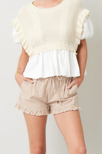 Striped Cotton Ruffle Shorts in Taupe