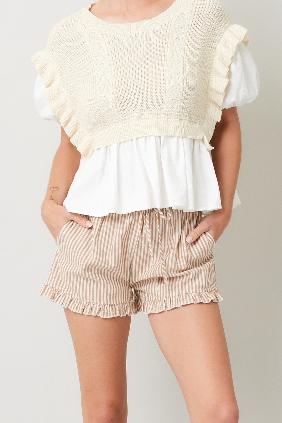 Striped Cotton Ruffle Shorts in Taupe
