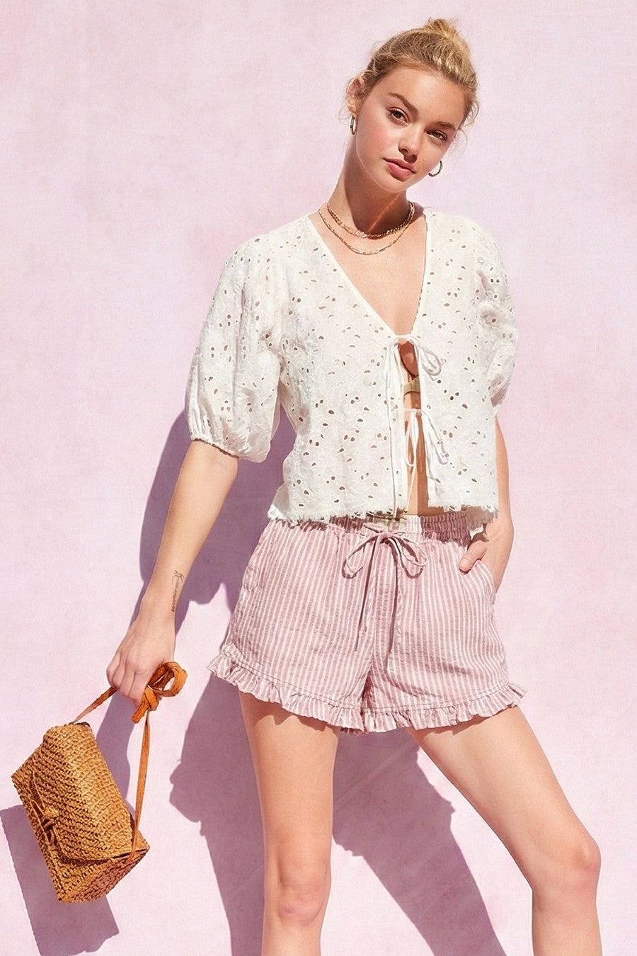 Striped Cotton Ruffle Shorts in Pink