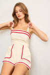 Adriana Embroidered Edge Romper in Red