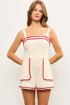 Adriana Embroidered Edge Romper in Red