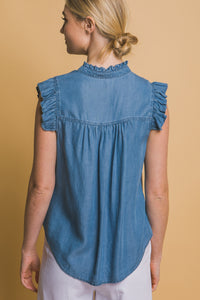 Button Down Flutter Sleeve Top in denim