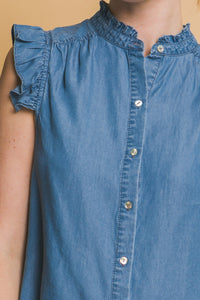 Button Down Flutter Sleeve Top in denim