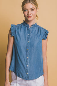 Button Down Flutter Sleeve Top in denim