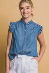 Button Down Flutter Sleeve Top in denim