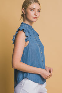 Button Down Flutter Sleeve Top in denim