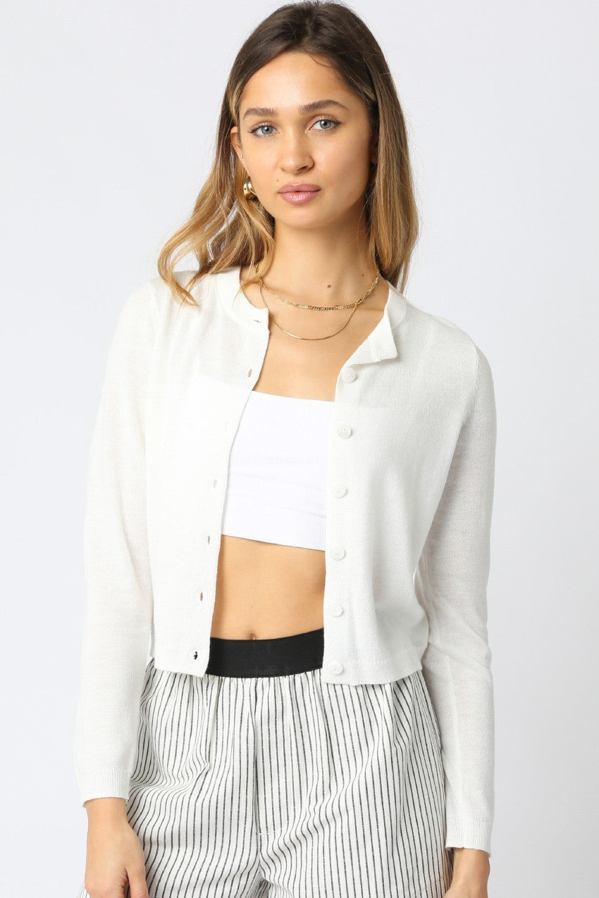 Oui Oui Cropped Button Front Cardigan in Ivory