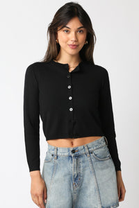 Oui Oui Cropped Button Front Cardigan in Black