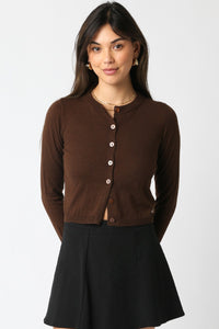 Oui Oui Cropped Button Front Cardigan in Chocolate