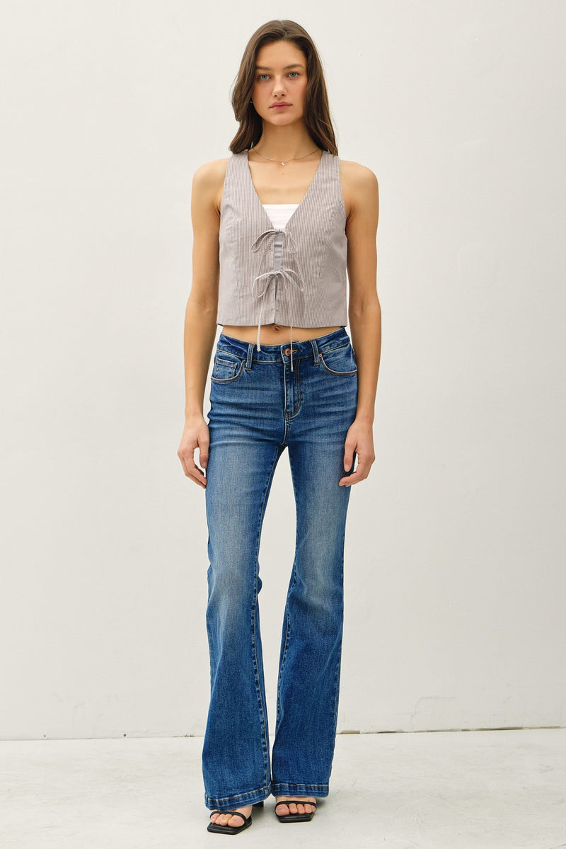 The One Pinstripe Tie Front Vest in Grey