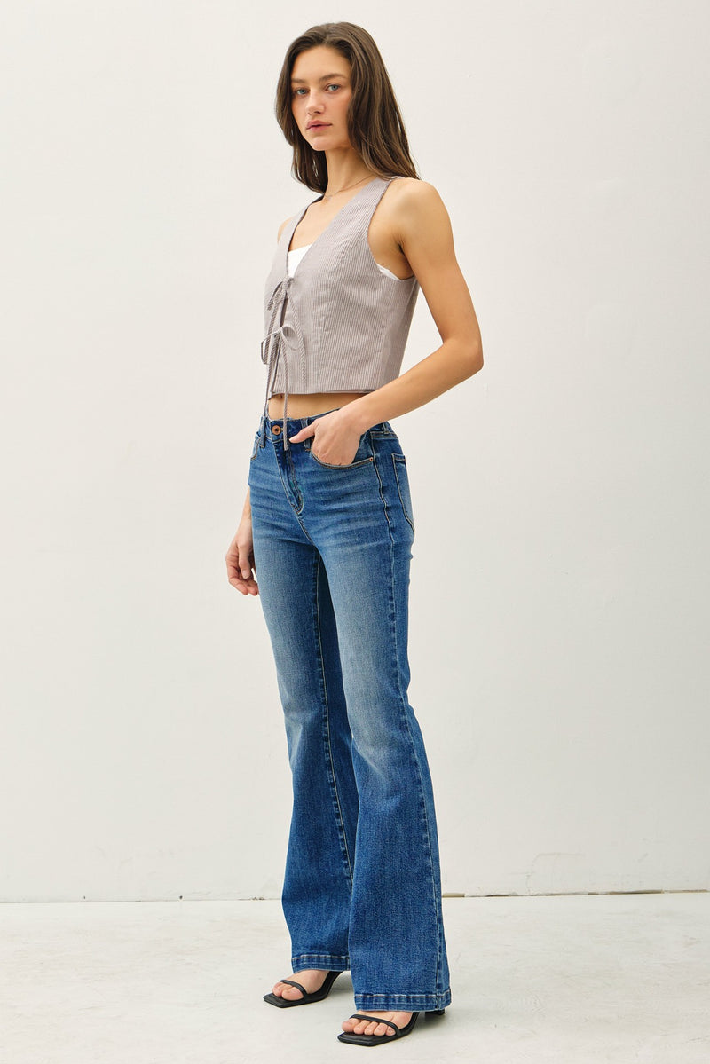 The One Pinstripe Tie Front Vest in Grey