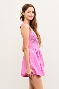 New Light Embroidered Tie Back Romper in Pink