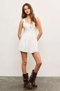 New Light Embroidered Tie Back Romper in White