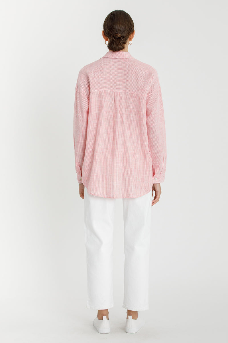 Shoreline Thin Stripe Button Down Top in Coral