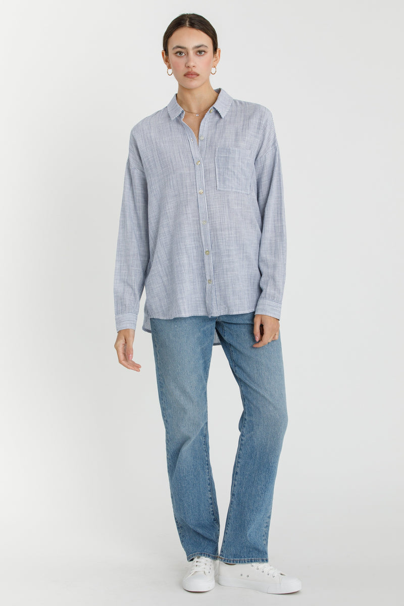 Shoreline Thin Stripe Button Down Top in Navy