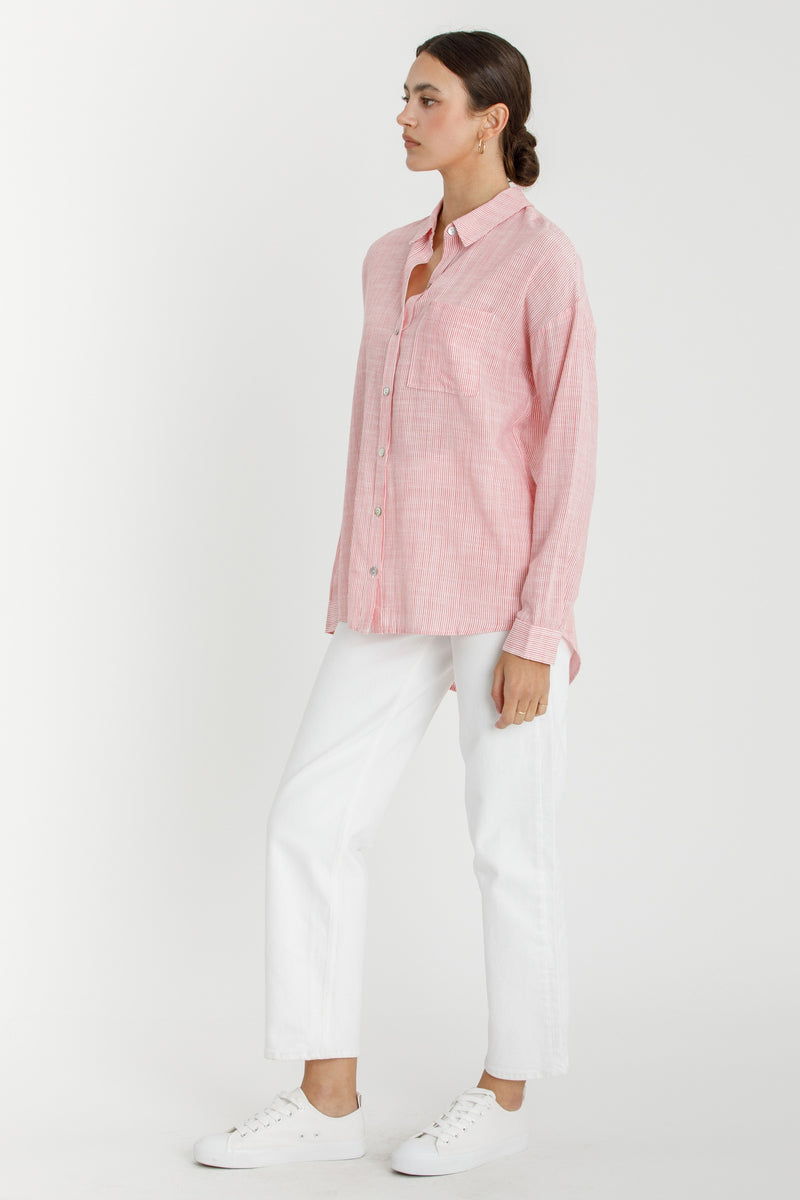 Shoreline Thin Stripe Button Down Top in Coral