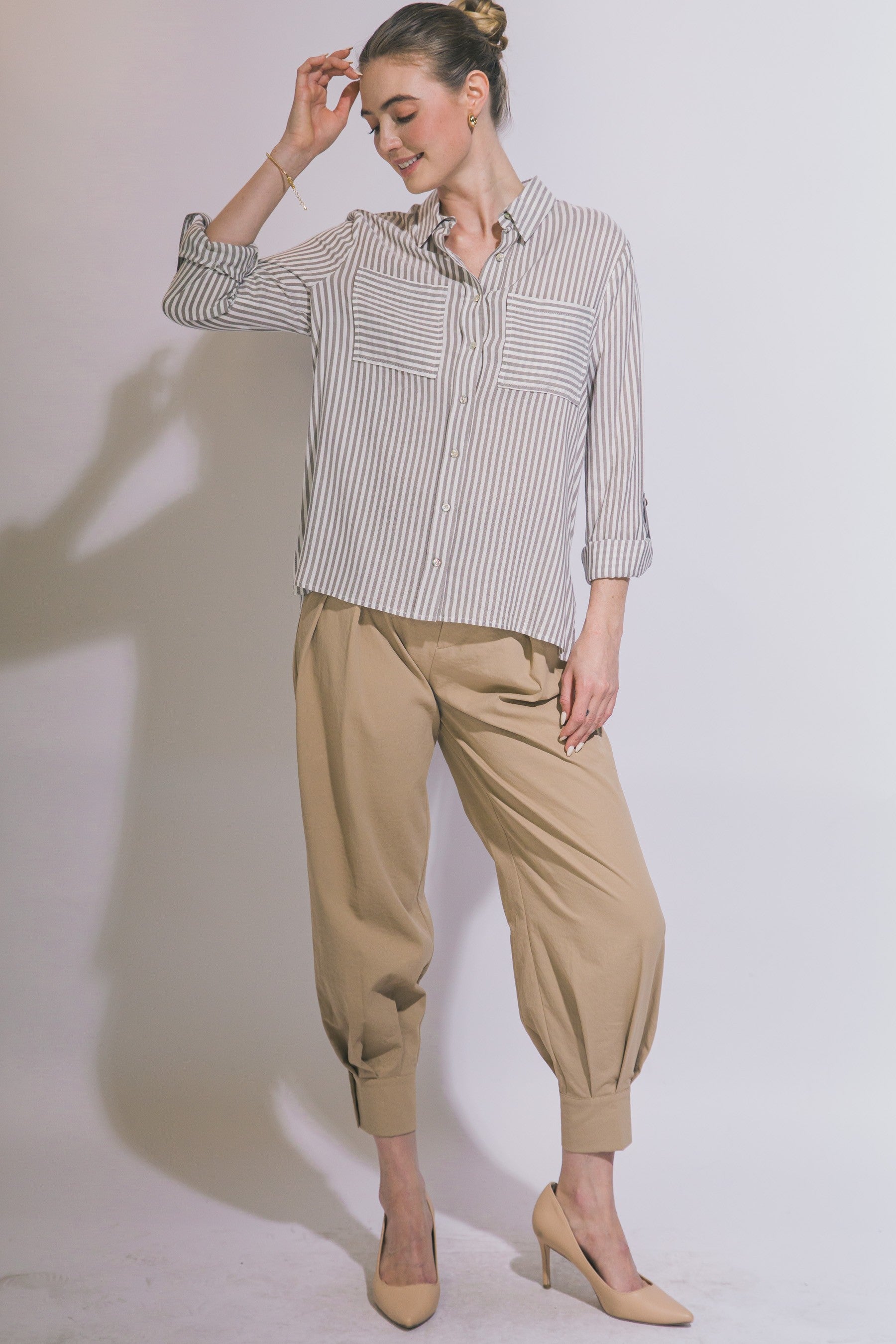Summer Stripe Button Down Top in Mocha
