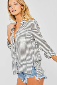 Summer Stripe Button Down Top In Black